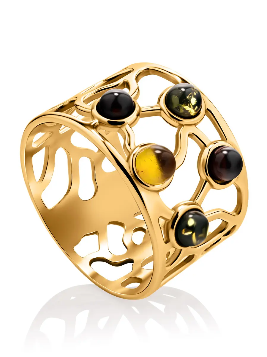 картинка Эффектное кольцо из серебра с позолотой и разноцветного янтаря «Лимбо» в онлайн магазине