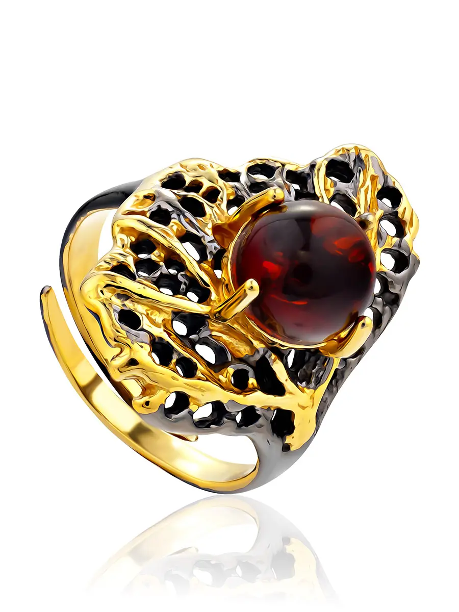 картинка Оригинальное кольцо с натуральным коньячным янтарём «Гинко» в онлайн магазине