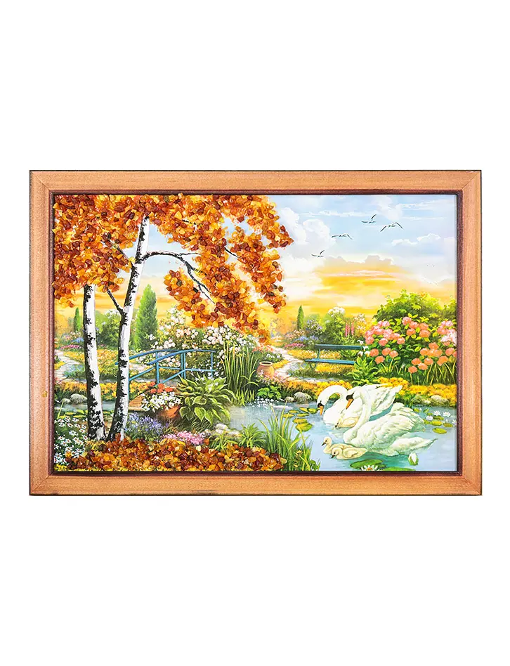 картинка Идиллический пейзаж с семейством лебедей, украшенный янтарём 23 (В) х 32 (Ш) в онлайн магазине