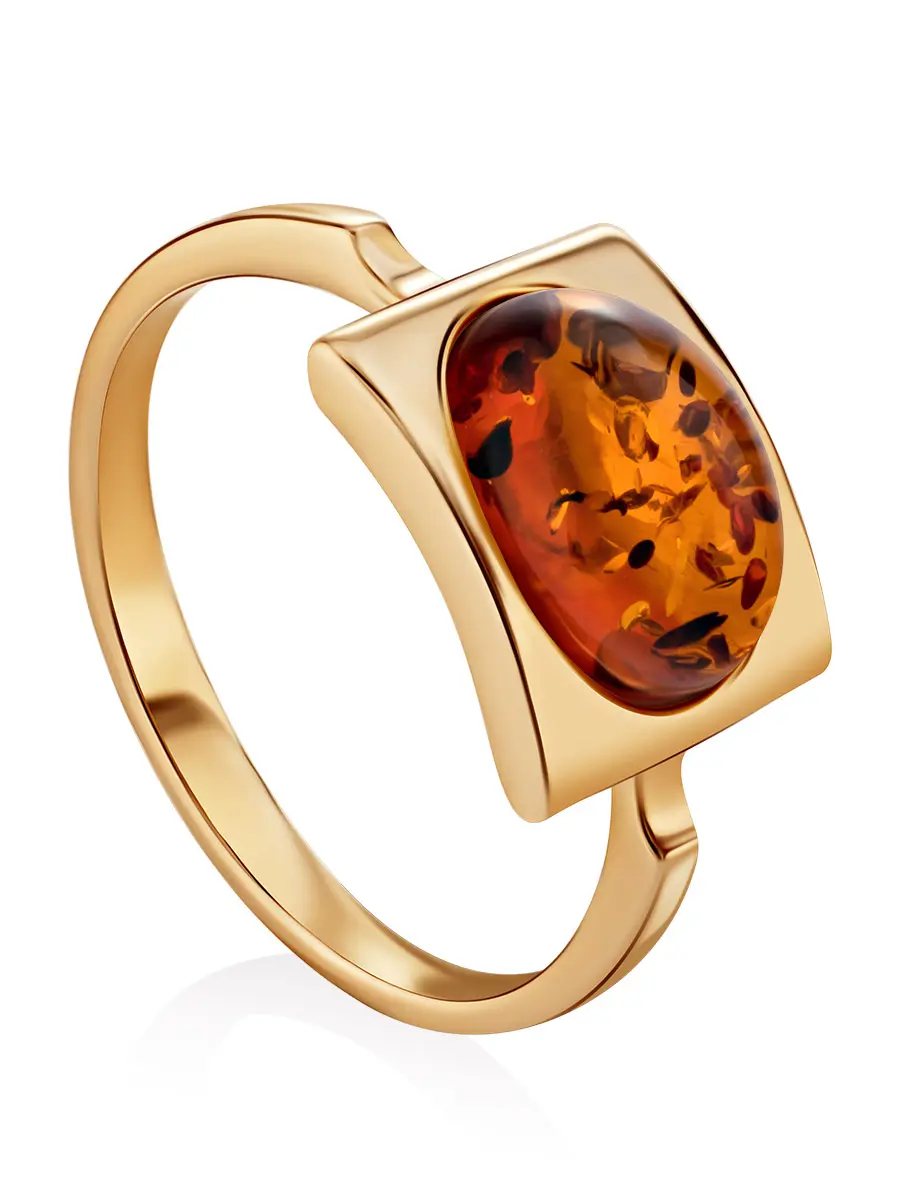 картинка Золотое кольцо «Эллипс» со вставкой коньячного янтаря в онлайн магазине