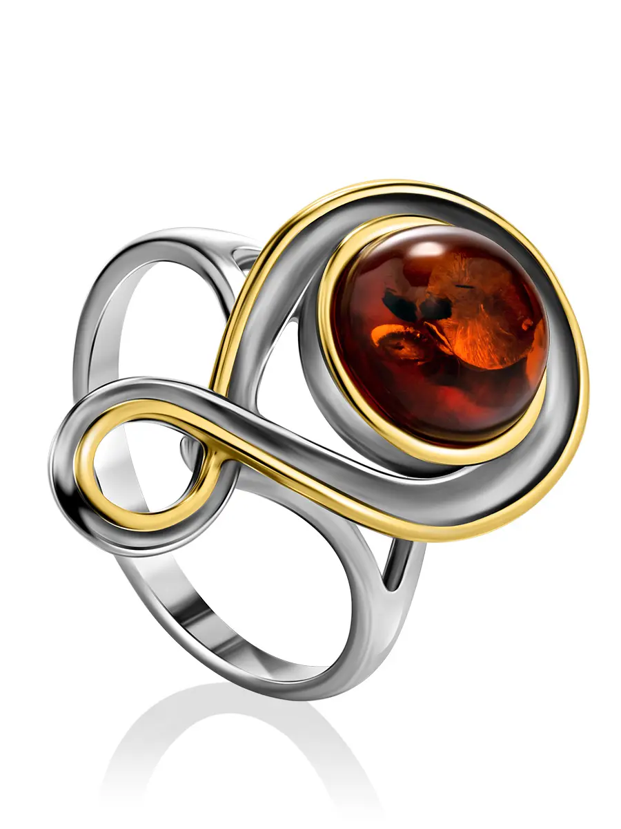 картинка Стильное кольцо «Баркарола» из серебра и натурального янтаря коньячного цвета в онлайн магазине