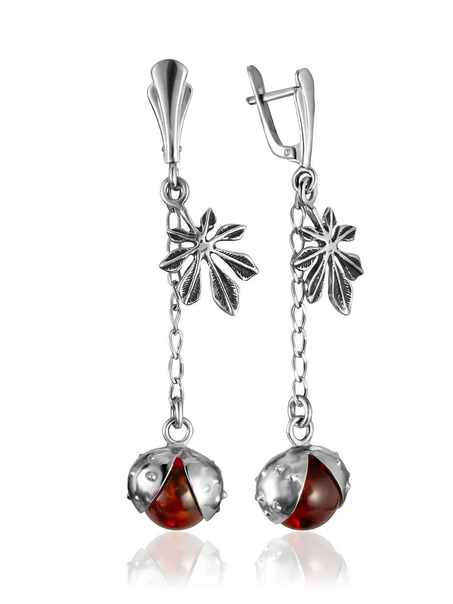 картинка Чудесные серьги «Божья коровка» с янтарными подвесками на цепочках в онлайн магазине