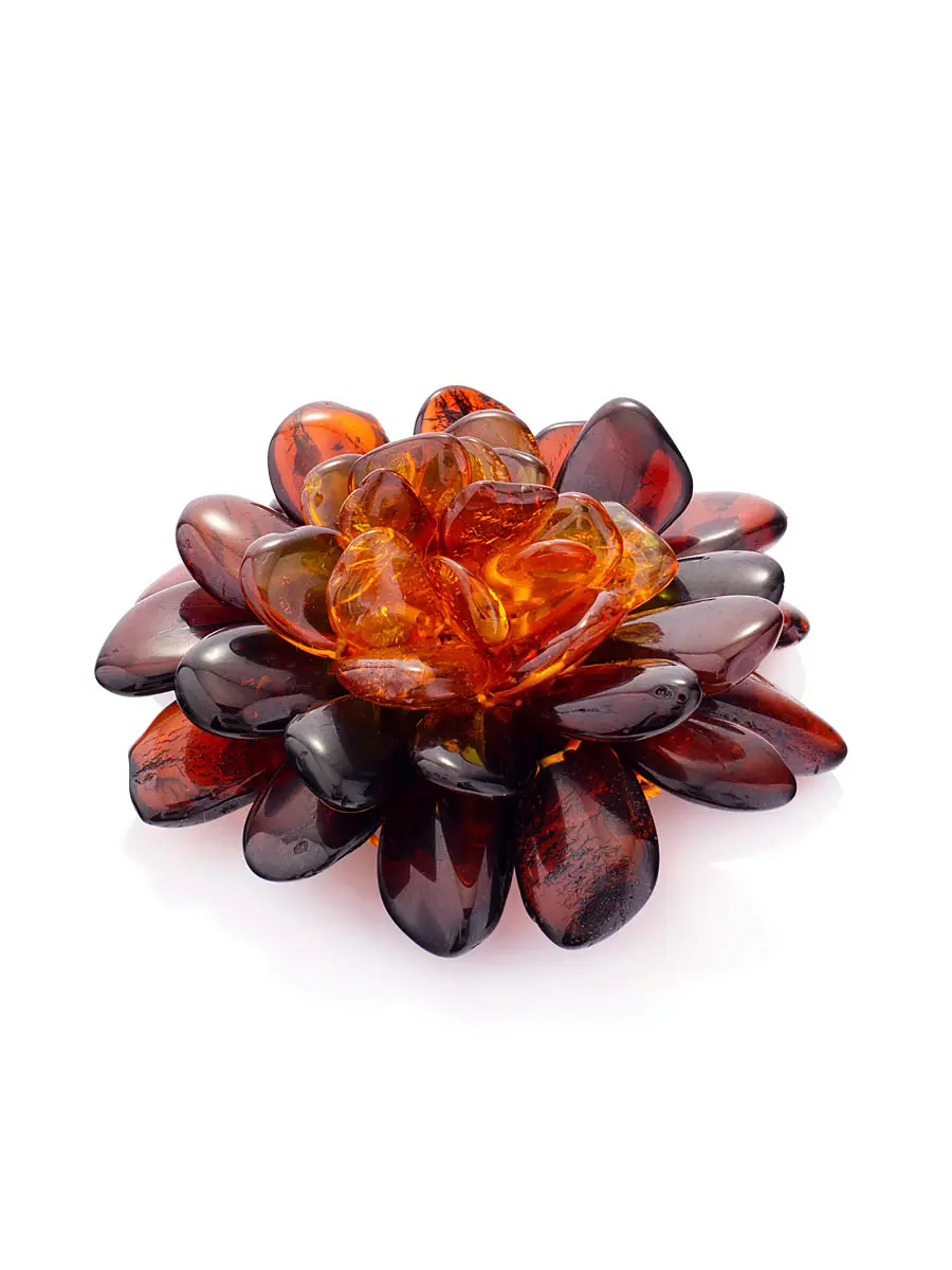 картинка Яркая брошь из натурального цельного янтаря «Хризантема» в онлайн магазине
