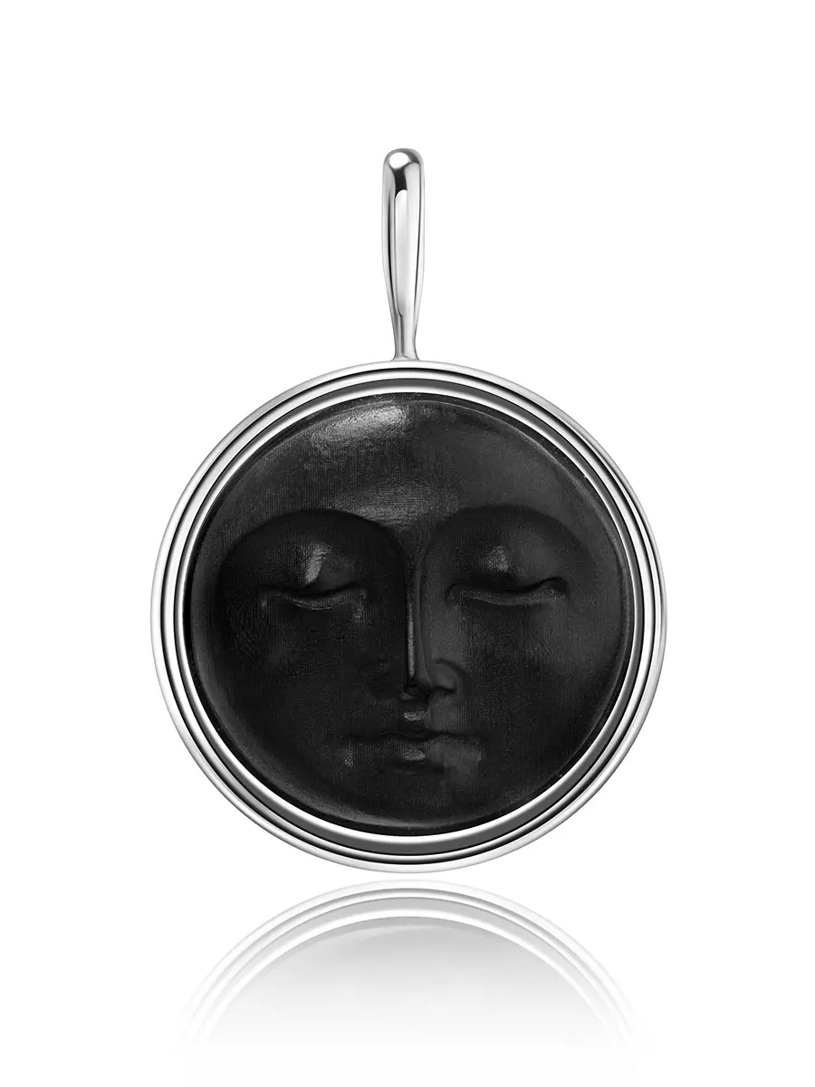 картинка Круглый кулон из серебра и чёрного янтаря «Луна» в онлайн магазине