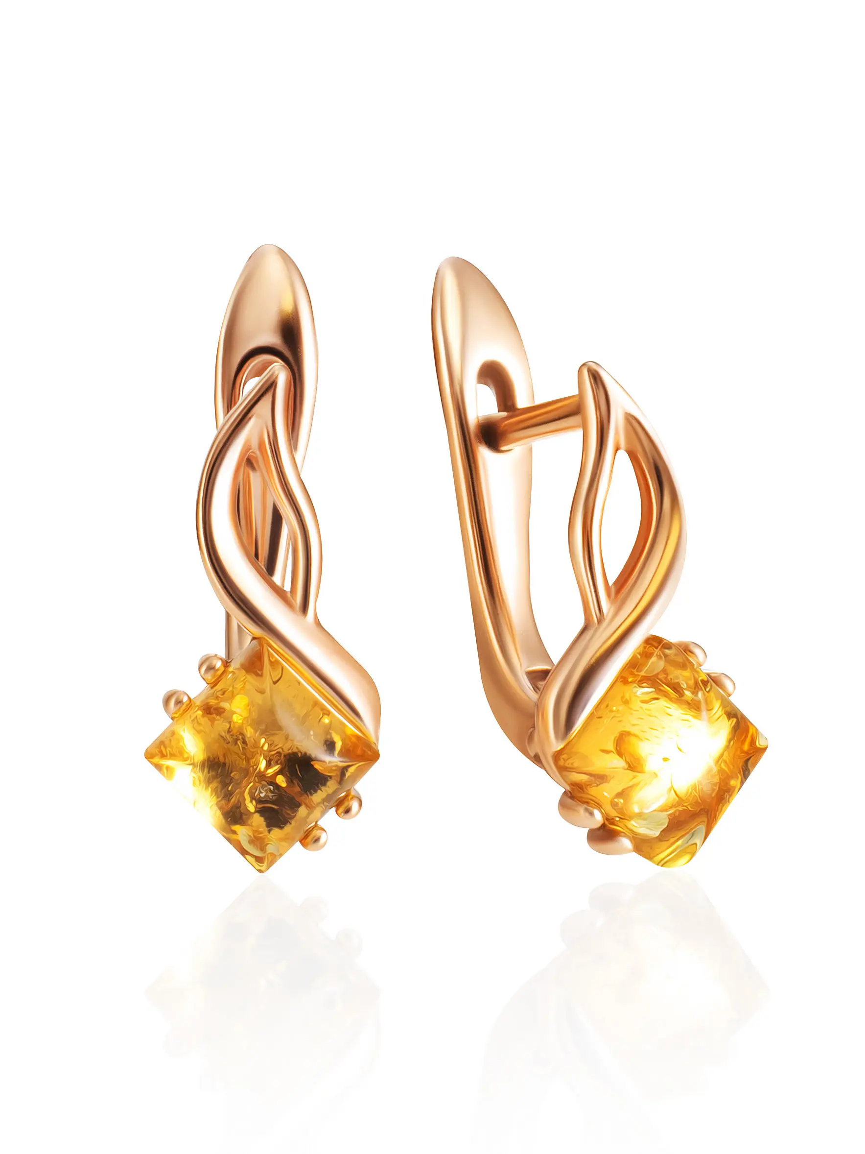 картинка Небольшие яркие позолоченные серьги «Вега» с лимонным янтарём в онлайн магазине