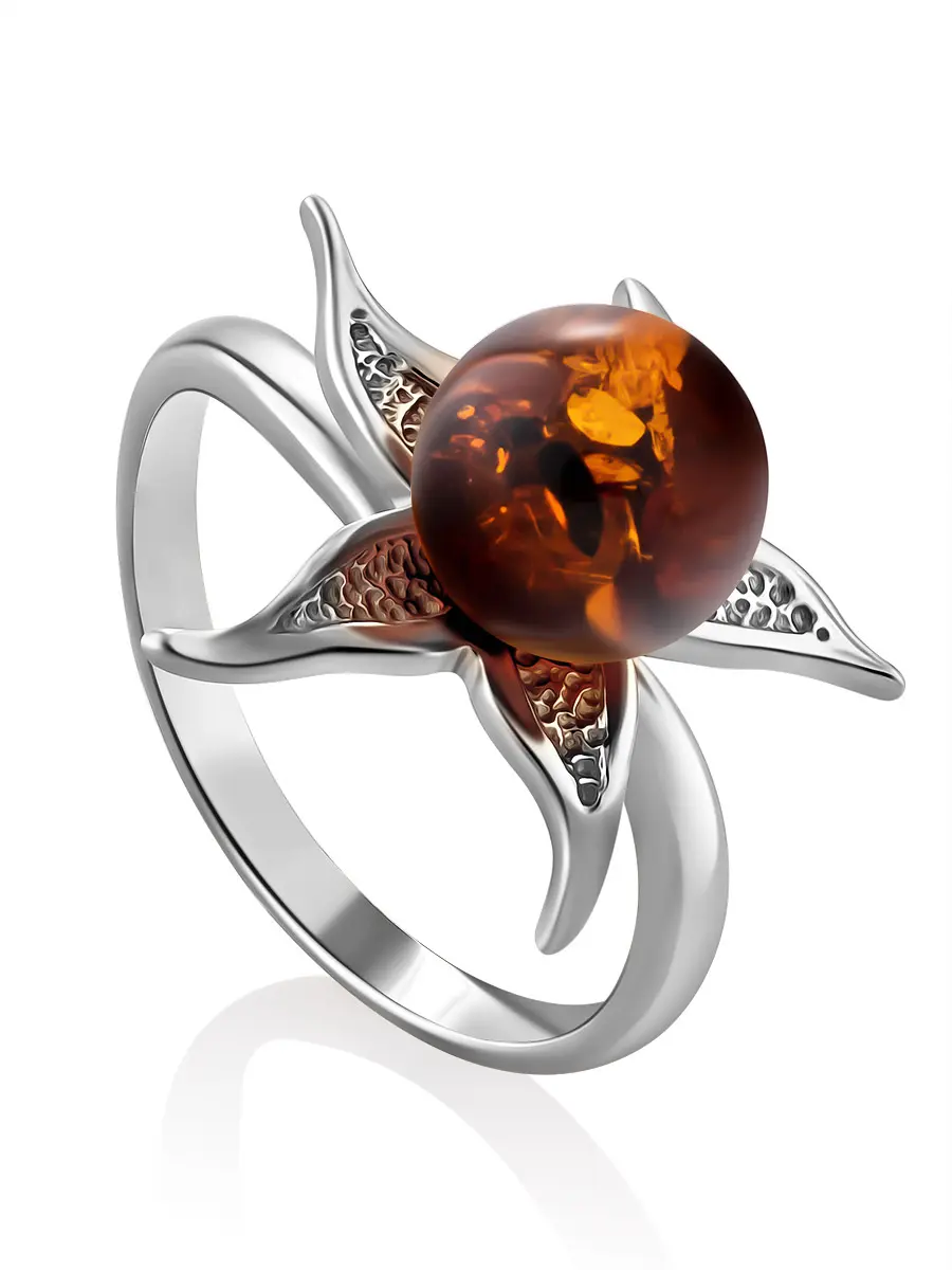 картинка Нежное серебряное кольцо, украшенное янтарной бусиной «Морошка» в онлайн магазине