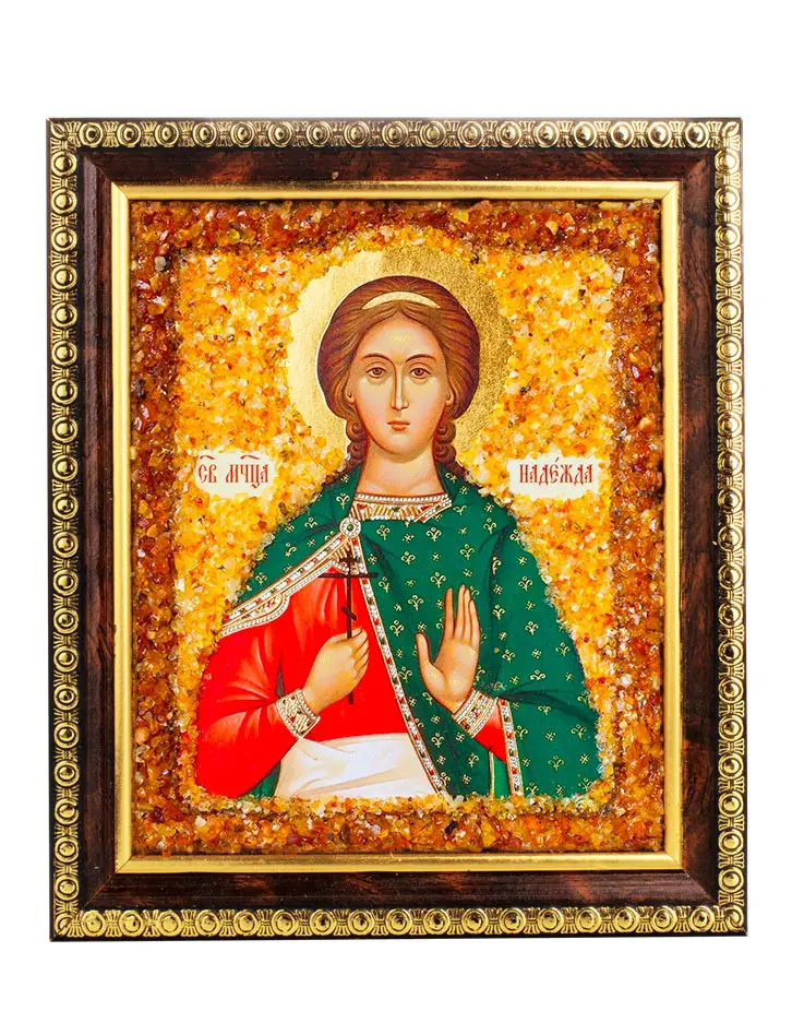 картинка Именная икона, украшенная натуральным янтарём «Святая великомученица Надежда» в онлайн магазине