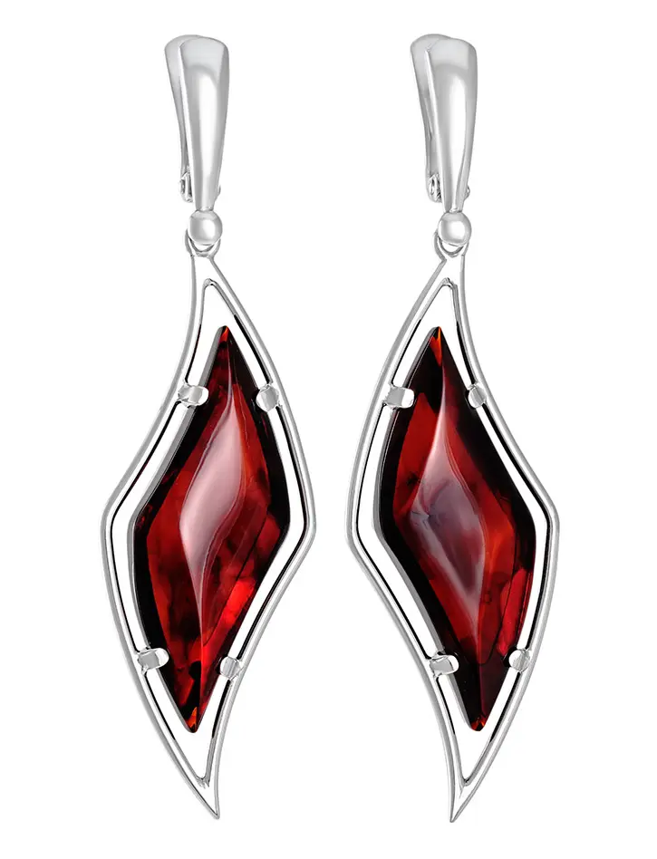 картинка Эффектные серебряные серьги с натуральным янтарём вишнёвого цвета «Палладио» в онлайн магазине