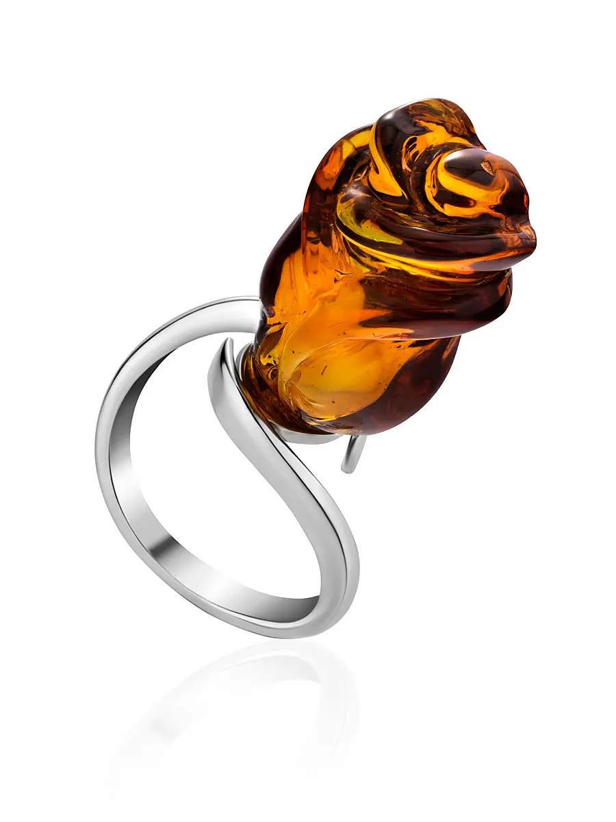 картинка Серебряное кольцо из натурального коньячного янтаря «Розочка» в онлайн магазине