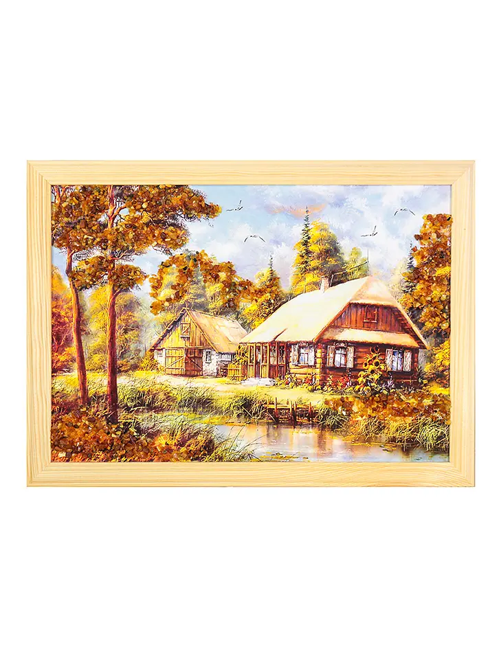 картинка Тёплый летний пейзаж, украшенный натуральным янтарём «Дома из сруба» 23 (В) х 32 (Ш)  в онлайн магазине