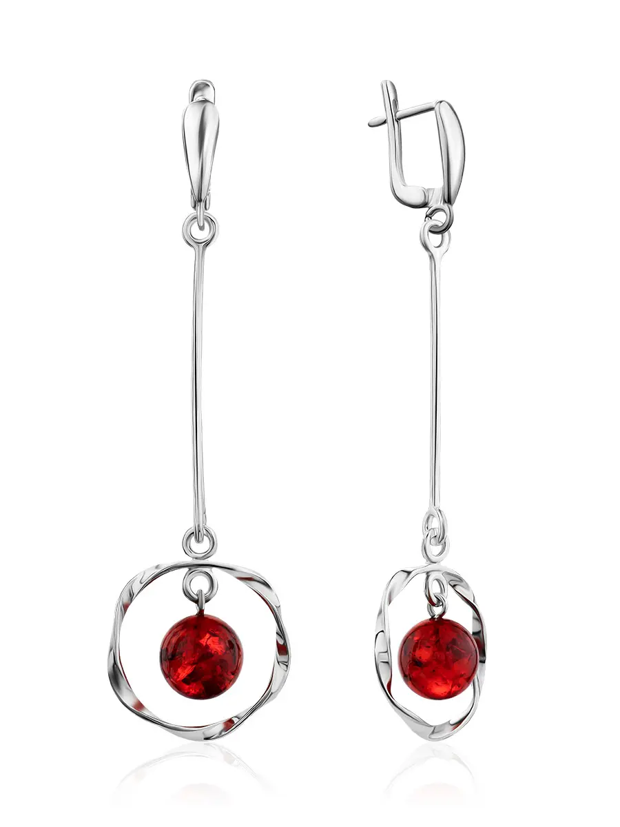 картинка Красивые эффектные серьги «Рапсодия» из серебра и янтаря красного цвета в онлайн магазине