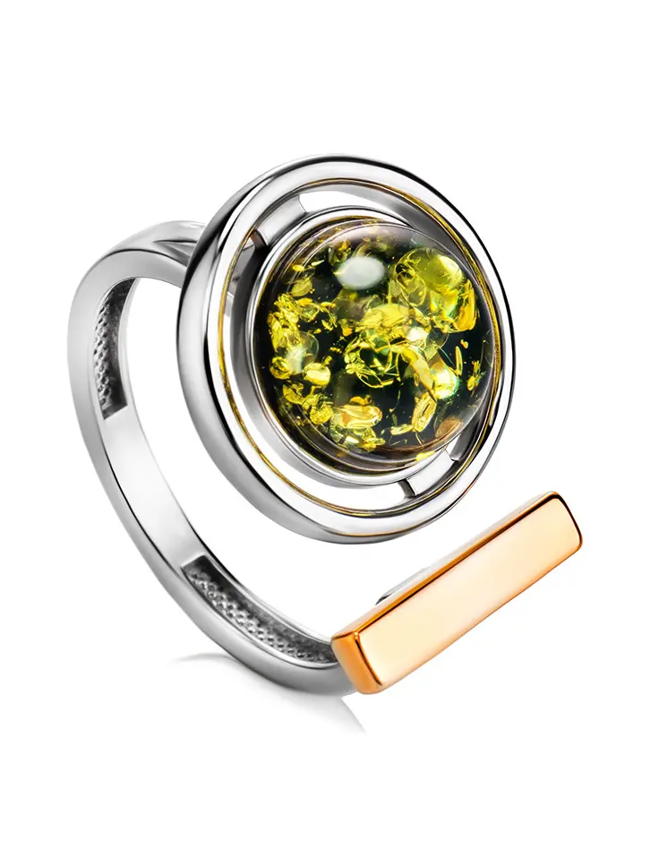 картинка Необычное серебряное кольцо с зелёным янтарём «Люмьер» в онлайн магазине