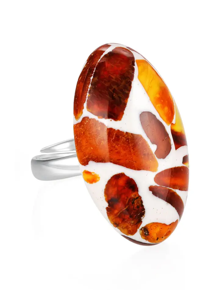 картинка Овальное кольцо «Далматин» с янтарной мозаикой в онлайн магазине