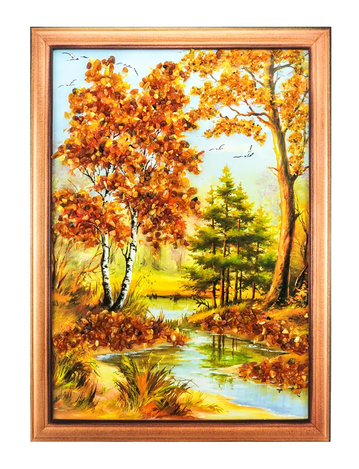 картинка «Речка в лесу». Вертикально ориентированная картина, украшенная янтарем в онлайн магазине