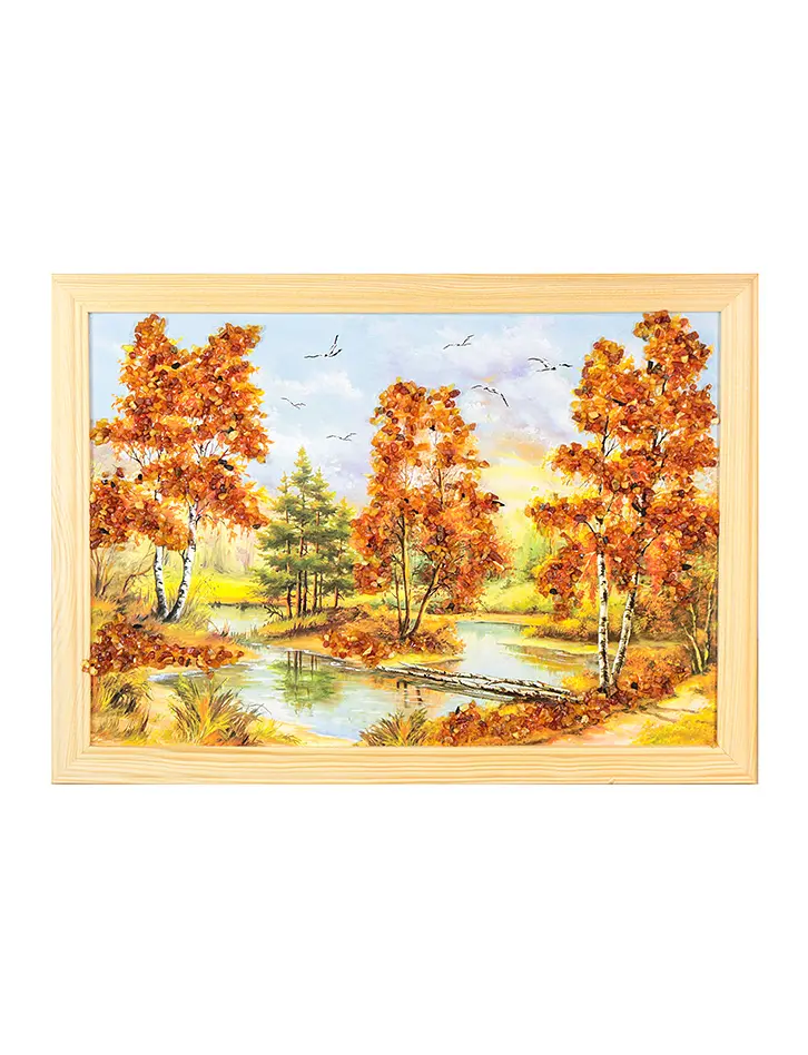 картинка Красивый пейзаж, украшенный натуральным янтарём «Заводь» 23 (В) х 32 (Ш) в онлайн магазине