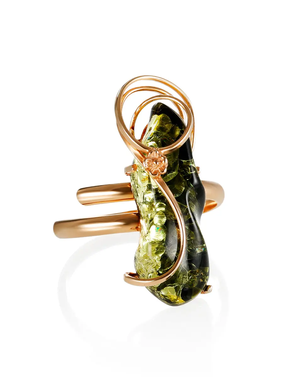 картинка Роскошное кольцо из серебра с позолотой и искрящегося зелёного янтаря «Риальто» в онлайн магазине