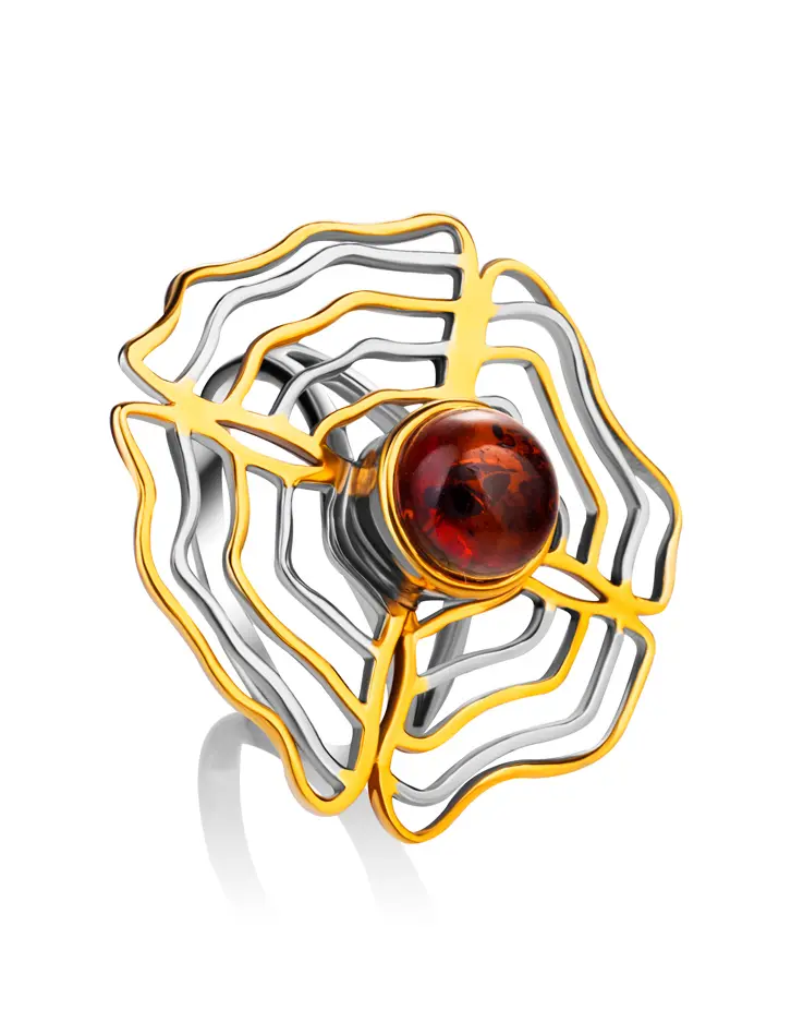 картинка Ажурное кольцо из серебра с позолотой и натурального янтаря «Адонис» в онлайн магазине