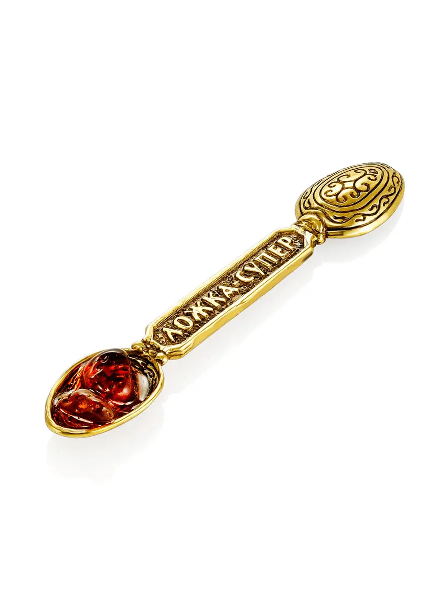 картинка Сувенир-талисман для кошелька из латуни с натуральным янтарем «Ложка-загребушка» в онлайн магазине