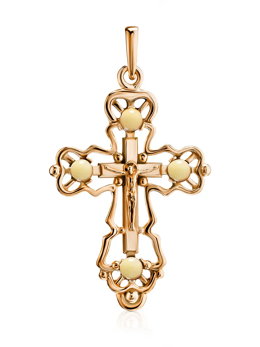 картинка Нежный позолоченный крестик с янтарём медового цвета в онлайн магазине
