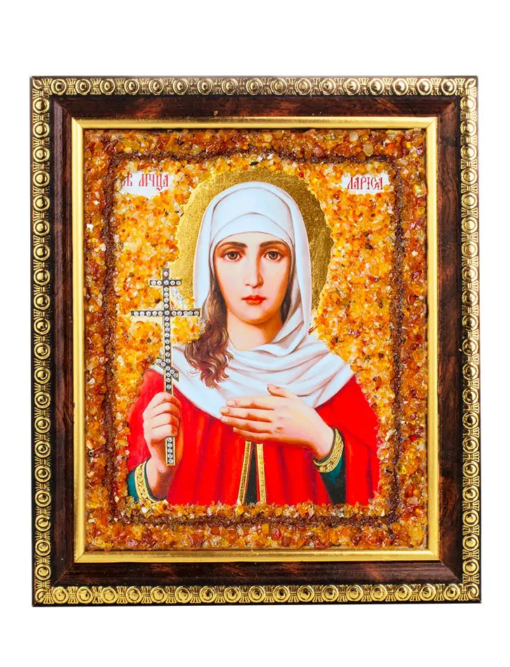 картинка Именная икона, украшенная натуральным янтарём «Святая мученица Лариса» в онлайн магазине