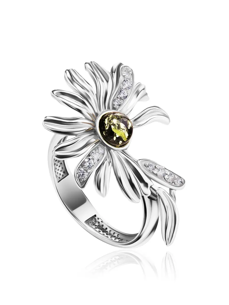 картинка Необычное кольцо с зелёным янтарём и кристаллами «Ромашка» в онлайн магазине