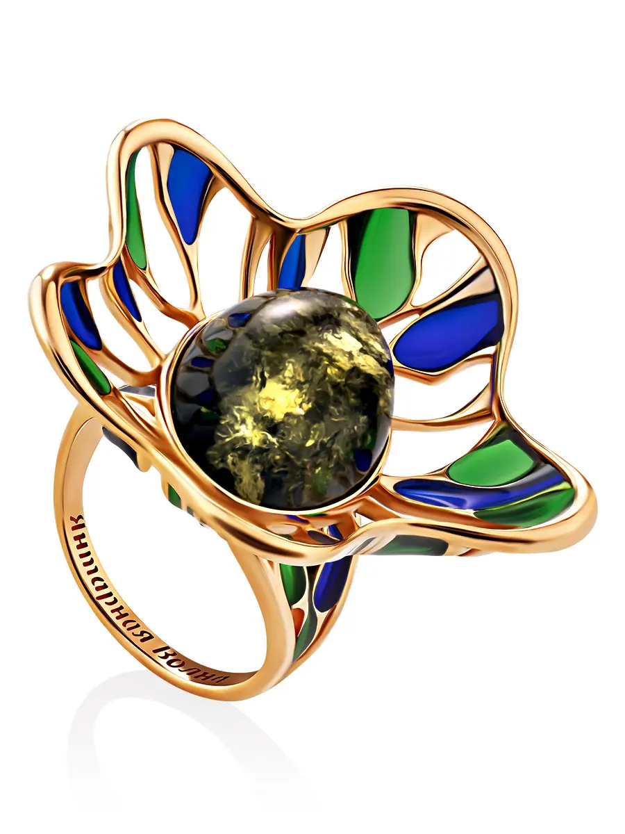 картинка Роскошное кольцо из позолоченного серебра с натуральным янтарём и эмалью Verona в онлайн магазине