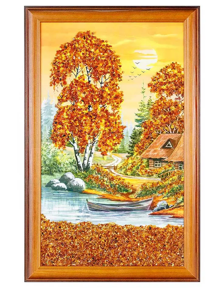 картинка Вертикальное панно «На закате», украшенное натуральным цельным янтарём в онлайн магазине