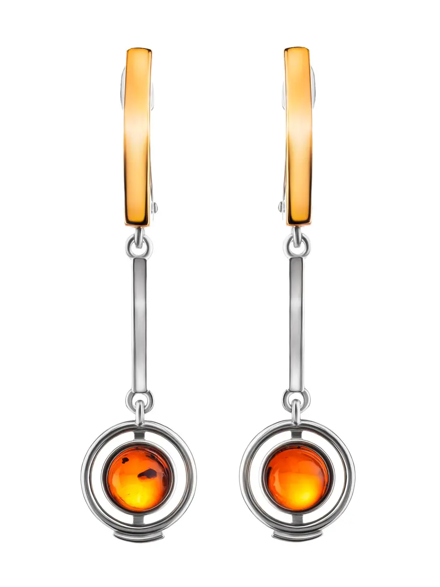 картинка Удлиннённые серьги из серебра и янтаря коньячного цвета «Люмьер» в онлайн магазине