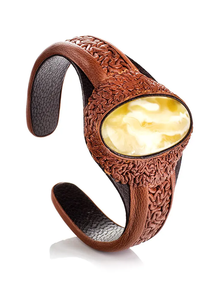 картинка Эффектный браслет из кожи с натуральным янтарём «Нефертити» в онлайн магазине