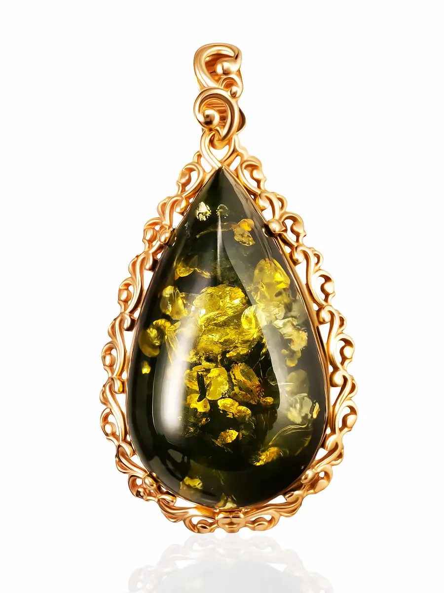 картинка Крупный ажурный кулон с янтарём зелёного цвета «Луксор» в онлайн магазине
