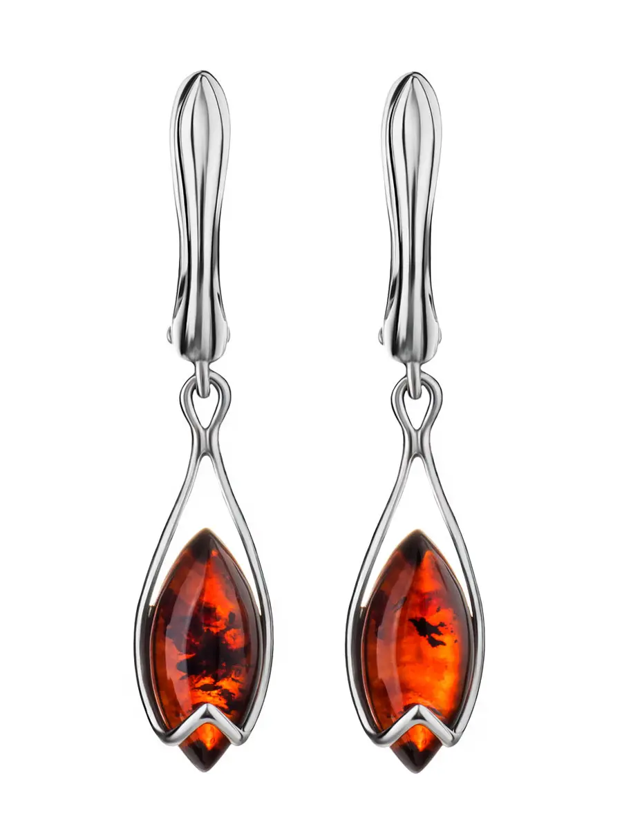 картинка Лёгкие изящные серьги из серебра и янтаря вишнёвого цвета «Подснежник» в онлайн магазине