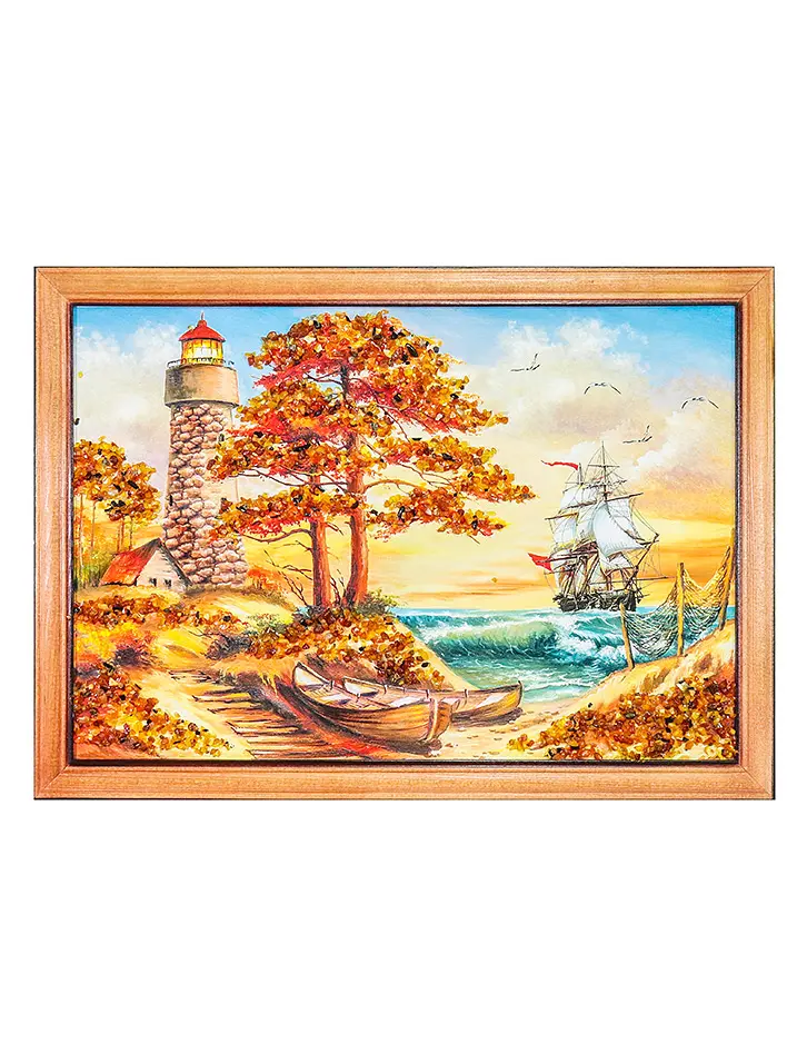 картинка Горизонтальная картина, украшенная россыпью натурального янтаря «К далёким берегам» в онлайн магазине
