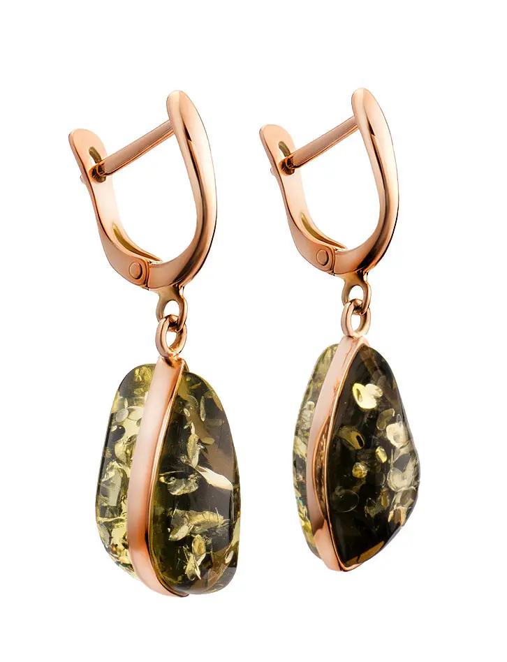 картинка Стильные серьги «Лагуна» из золота и цельного янтаря зелёного цвета в онлайн магазине