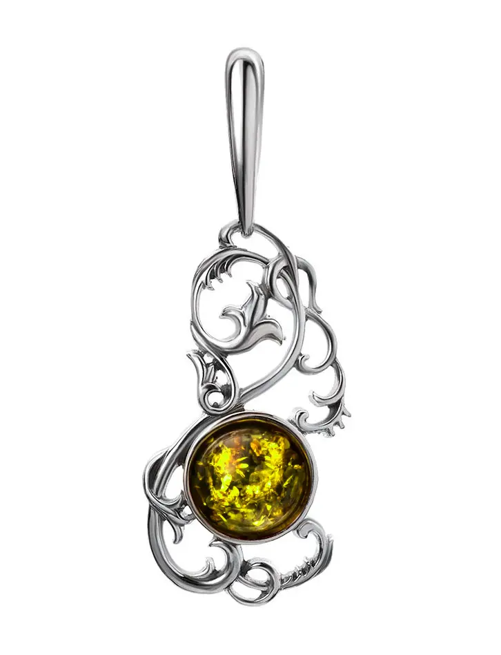 картинка Ажурный серебряный кулон с зелёным янтарём «Кордова» в онлайн магазине