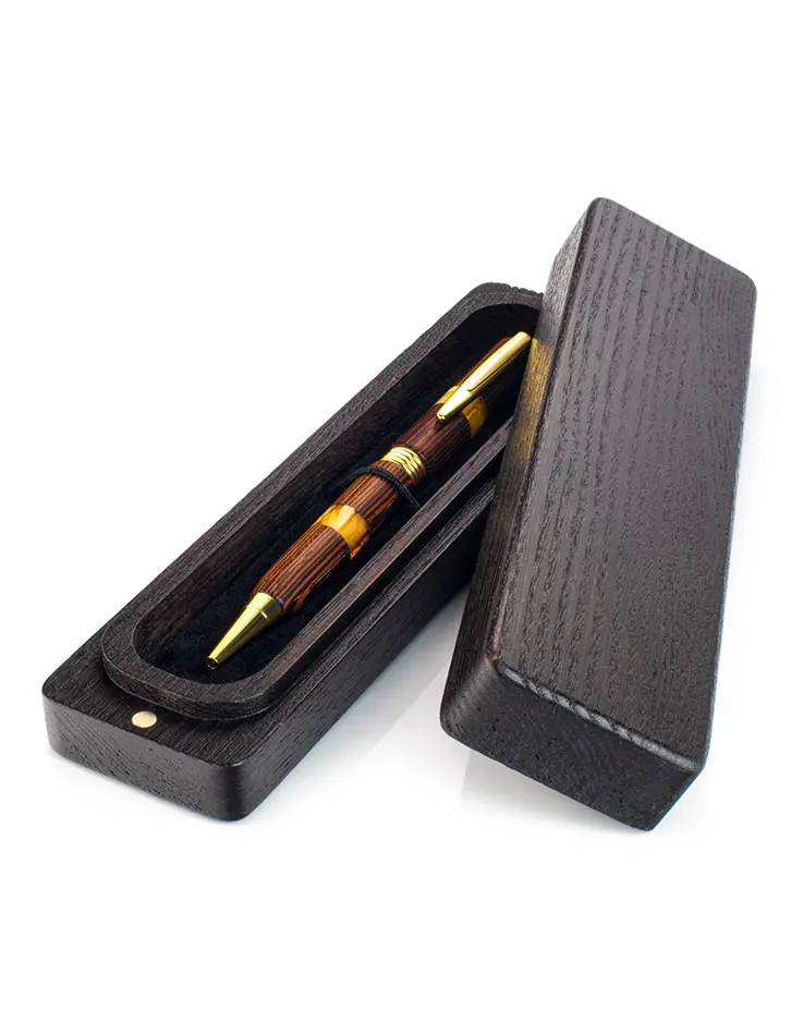 картинка Ручка из древесины венге и натурального янтаря в подарочном деревянном футляре в онлайн магазине