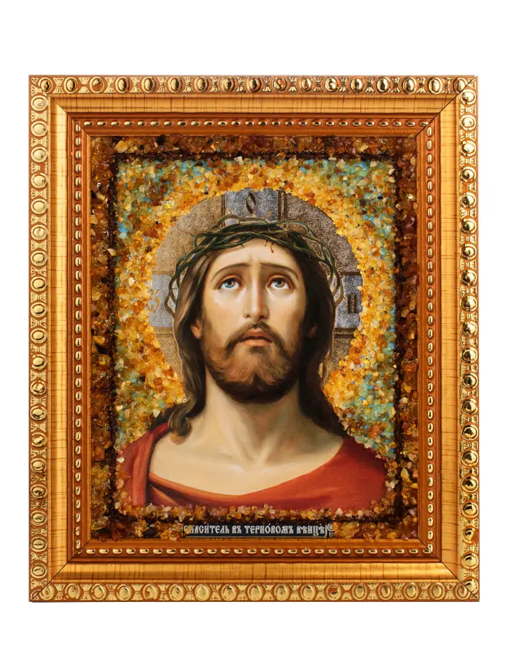 картинка «Спаситель в терновом венце». Икона, украшенная натуральным янтарём в онлайн магазине