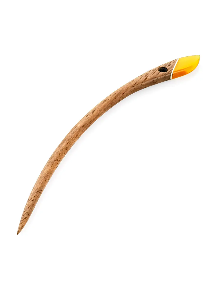 картинка Изящная изогнутая шпилька для волос из дерева, украшенная янтарём в онлайн магазине