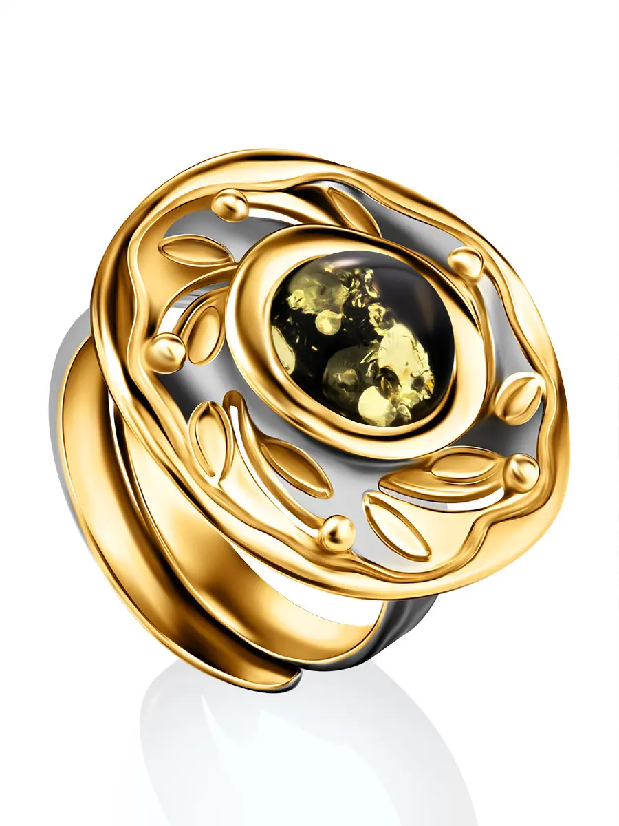 картинка Эффектное круглое кольцо, украшенное янтарём зелёного цвета «Аида» в онлайн магазине
