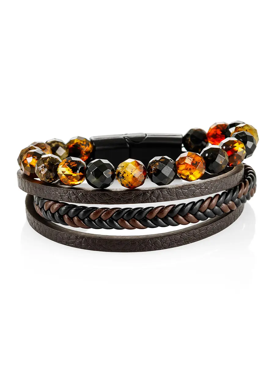 картинка Оригинальный браслет из кожи и натурального янтаря с алмазной огранкой «Сильверстоун» в онлайн магазине