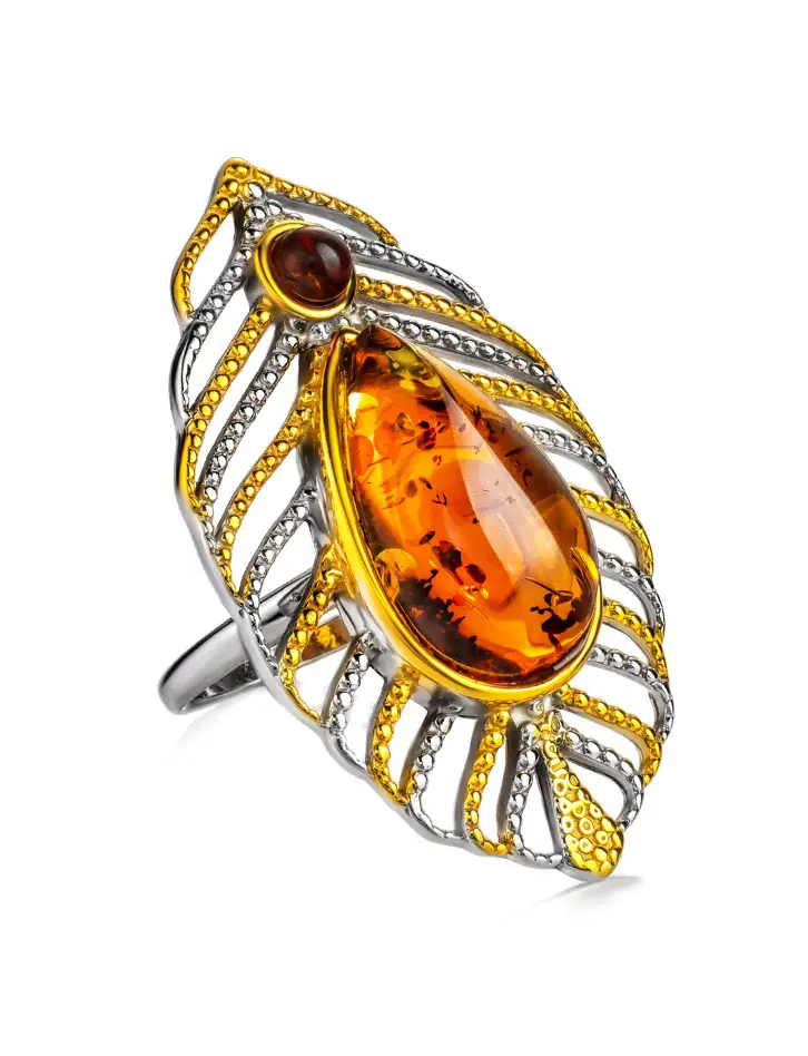 картинка Крупное ажурное кольцо «Павлин» из серебра с позолотой и янтаря в онлайн магазине