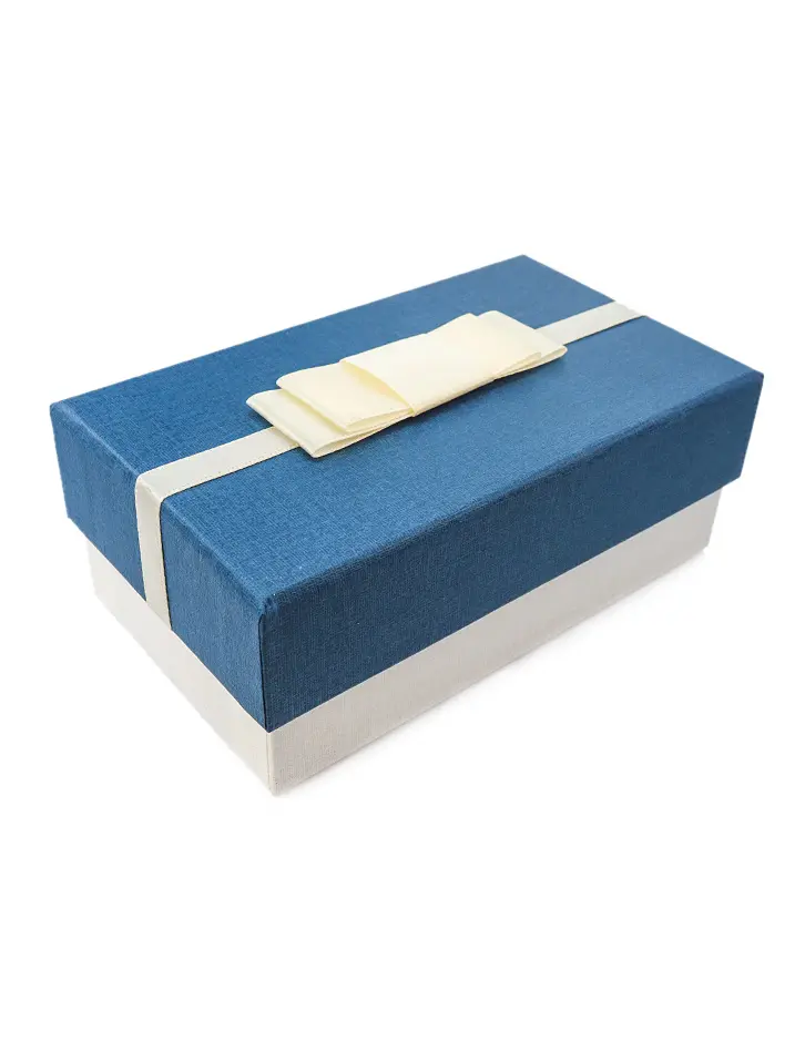 картинка Стильная подарочная коробка 145х85х55 мм синий/белый с шёлковым бантом в онлайн магазине