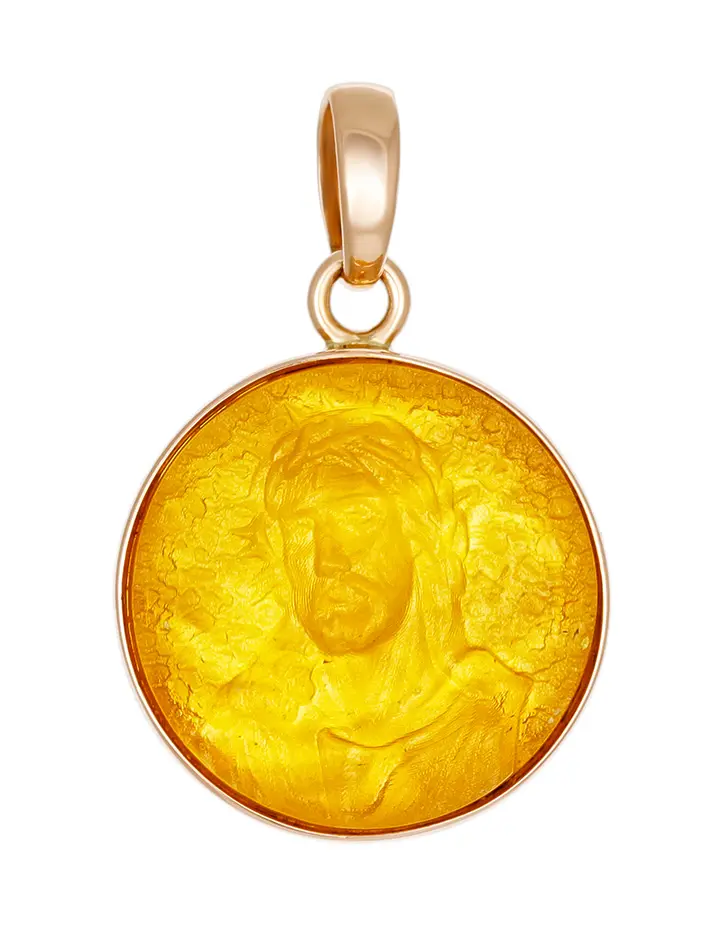 картинка Круглый кулон из резного янтаря в золоте 585 пробы «Христос в терновом венце» в онлайн магазине