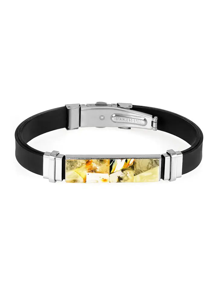 картинка Стильный каучуковый браслет для мужчин «Сильверстоун» с янтарной мозаикой в онлайн магазине
