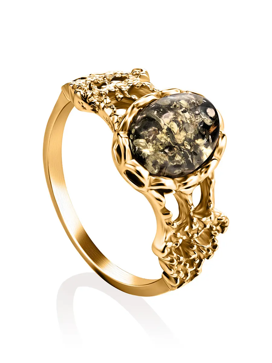 картинка Нежное кольцо из позолоченного серебра и янтаря зелёного цвета «Флоренция» в онлайн магазине
