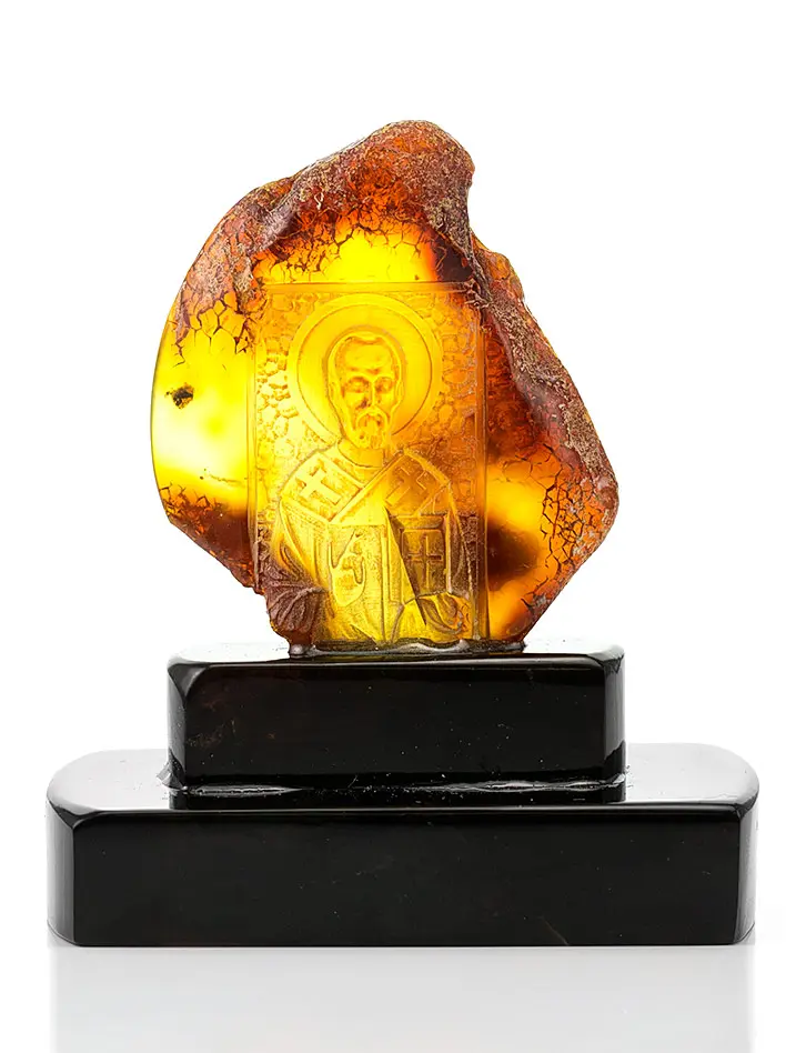 картинка Резная икона из натурального коньячного янтаря «Николай Чудотворец» в онлайн магазине