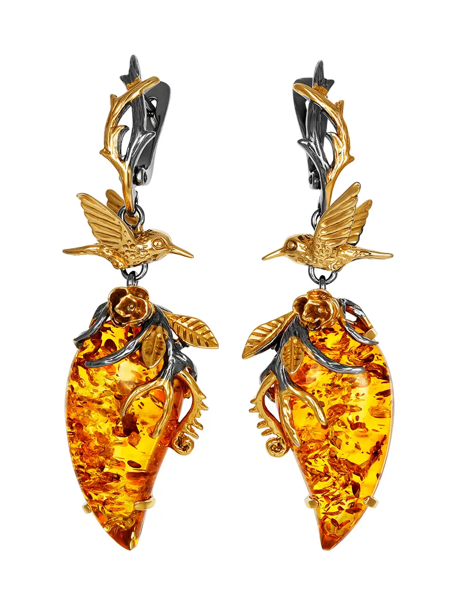 картинка Удивительные серьги «Колибри» из натурального цельного янтаря в золочённом серебре в онлайн магазине