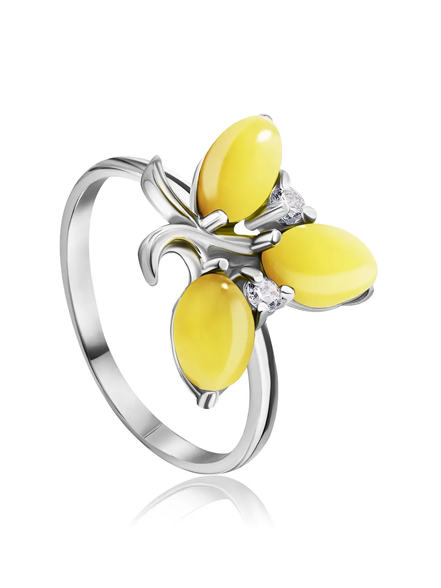 картинка Изящное кольцо с фианитами и натуральным медовым янтарём «Олеандр» в онлайн магазине