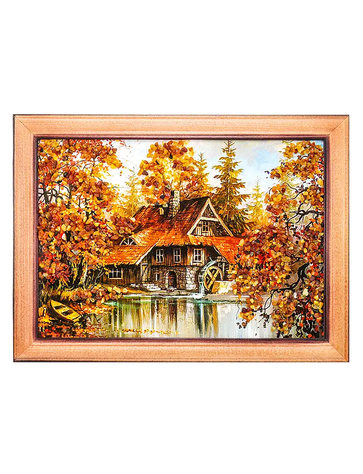картинка Картинка в тёплых тонах, украшенная янтарём «Домик с мельницей» 17 (В) х 24 (Ш) в онлайн магазине