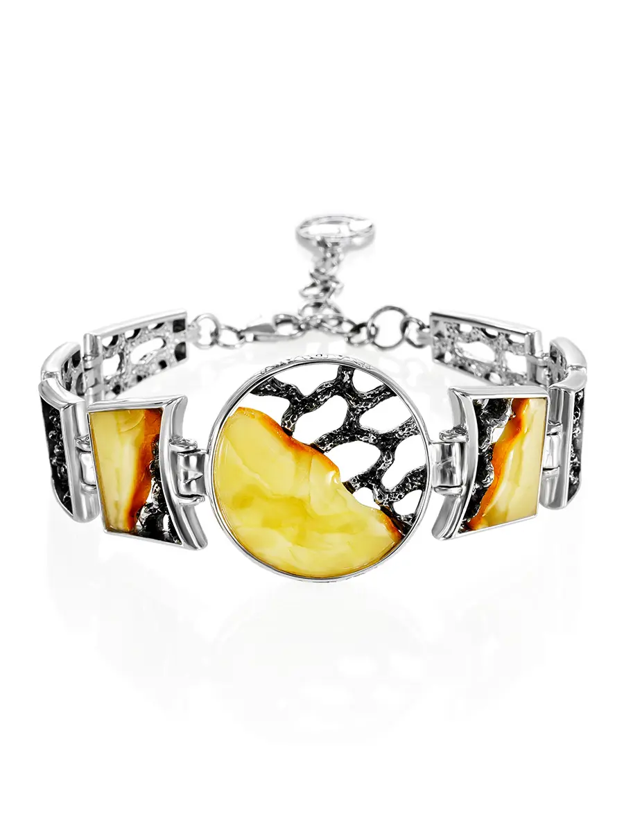 картинка Серебряный браслет «Модерн» с цельными кусочками натурального янтаря в онлайн магазине