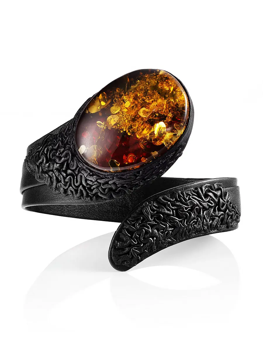 картинка Браслет «Змейка» из кожи с искрящимся янтарём в онлайн магазине